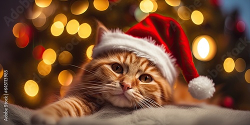 Big red fluffy cat in a red cap with white fur on the background of yellow highlights of lights