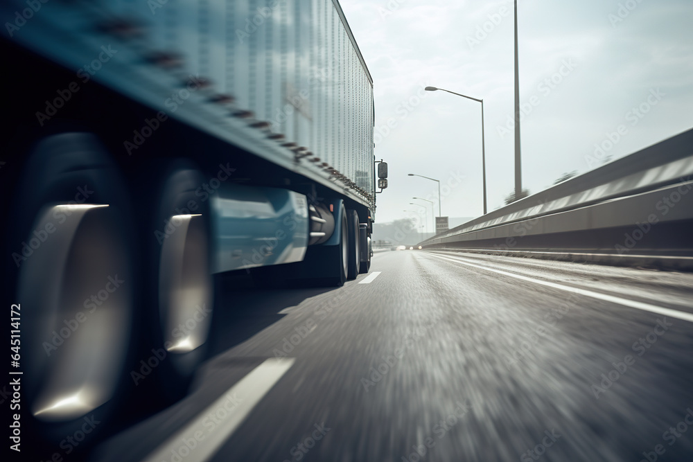 Moving truck highway scene, low camera angle from rear corner of truck. Generative AI Moving truck highway scene, low camera angle from rear corner of truck. Generative AI