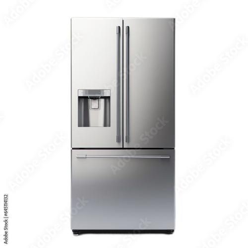 Front view three door modern refrigerator, Stainless Steel modern Kitchen and Domestic Appliances on a transparent background