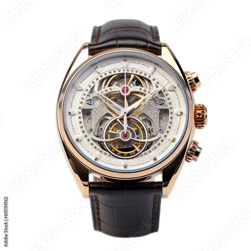 Font view golden modern luxury mechanical men's watch on a transparent background