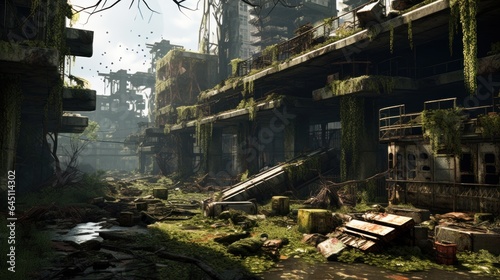 Craft a desolate scene of urban decay, overgrown vegetation, and abandoned structures in a post - apocalyptic world game art