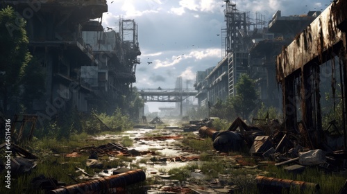 Craft a desolate scene of urban decay  overgrown vegetation  and abandoned structures in a post - apocalyptic world game art