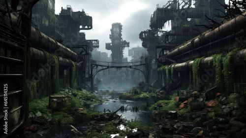 Craft a desolate scene of urban decay, overgrown vegetation, and abandoned structures in a post - apocalyptic world game art