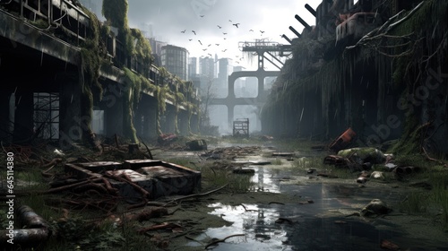 Craft a desolate scene of urban decay  overgrown vegetation  and abandoned structures in a post - apocalyptic world game art