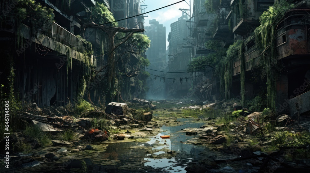 Craft a desolate scene of urban decay, overgrown vegetation, and abandoned structures in a post - apocalyptic world game art - obrazy, fototapety, plakaty 