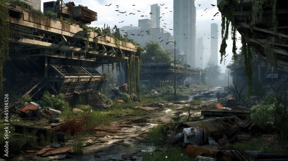 Craft a desolate scene of urban decay, overgrown vegetation, and abandoned structures in a post - apocalyptic world game art