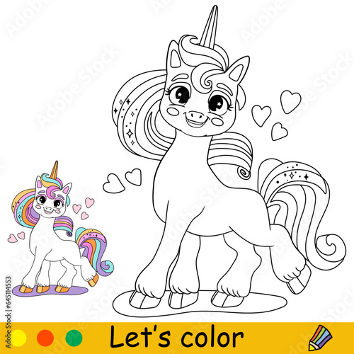 Cartoon unicorn with hearts kids coloring book page vector