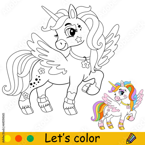 Cartoon wingled white unicorn kids coloring book page vector