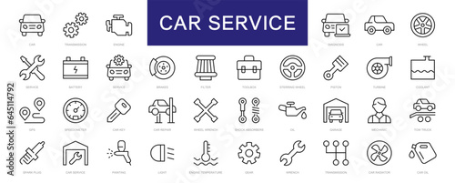 Car service thin line icons set. Auto Service & Car Repair editable stroke icon collection. Car, Service, Repair, Engine, Diagnostic, Auto, Vehicle, Transmission symbol. Vector