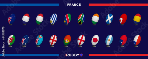 Collection of flags in rugby ball style on kick stand of the nations participating in Rugby 2023. Rugby ball flag collection.