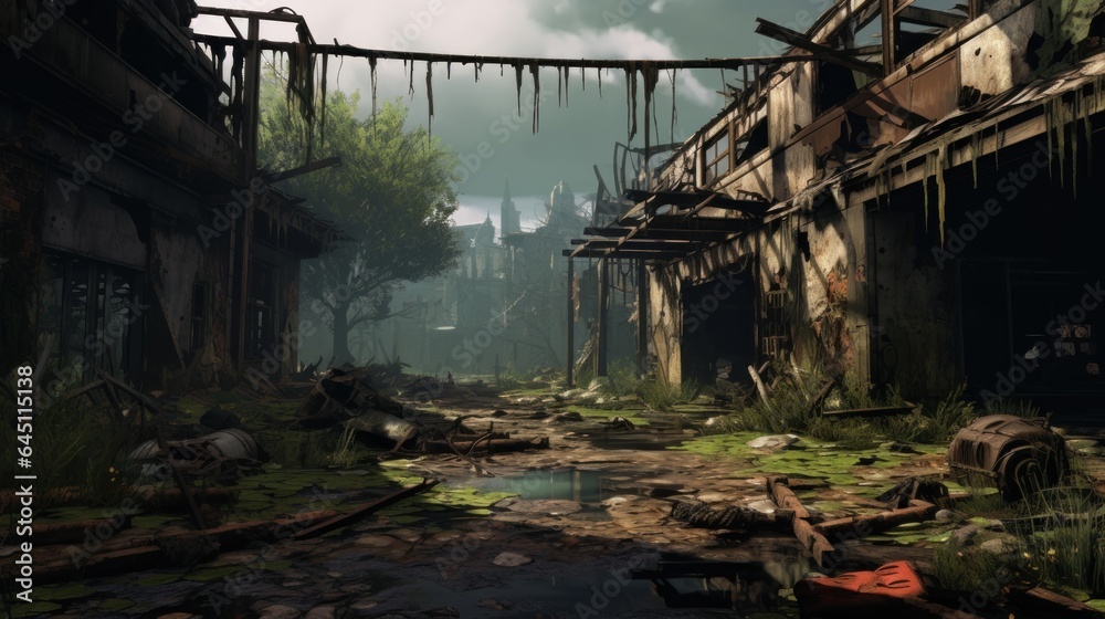 Craft a desolate scene of urban decay, overgrown vegetation, and abandoned structures in a post - apocalyptic world game art Craft a desolate scene of urban decay, overgrown vegetation, and abandoned structures in a post - apocalyptic world game art