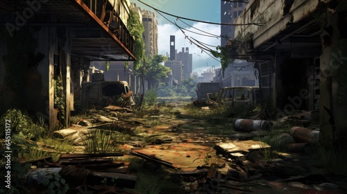 Craft a desolate scene of urban decay  overgrown vegetation  and abandoned structures in a post - apocalyptic world game art