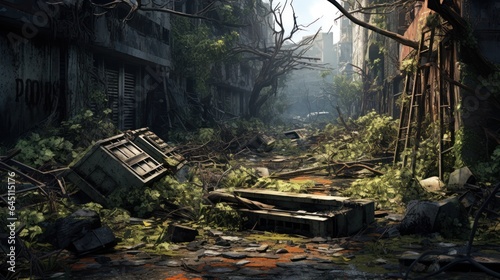 Craft a desolate scene of urban decay, overgrown vegetation, and abandoned structures in a post - apocalyptic world game art