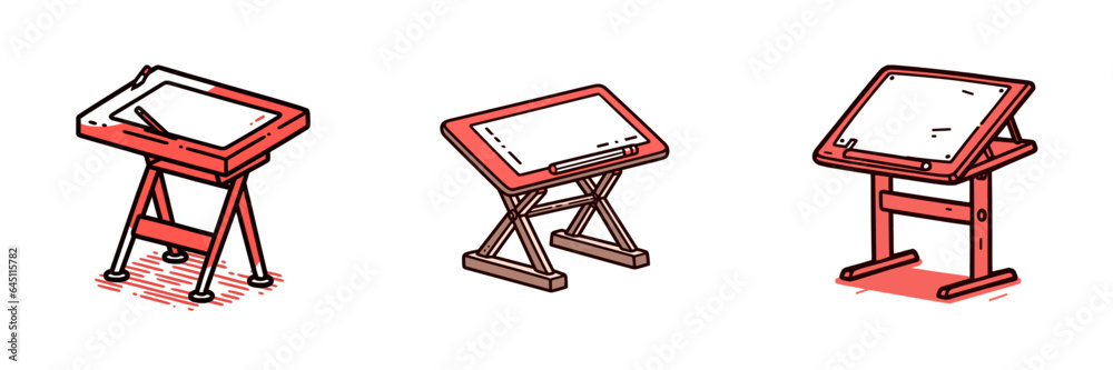 Drafting table set of vector icons in minimalistic, black and red line work, japan web, icons pack Drafting table set of vector icons in minimalistic, black and red line work, japan web, icons pack