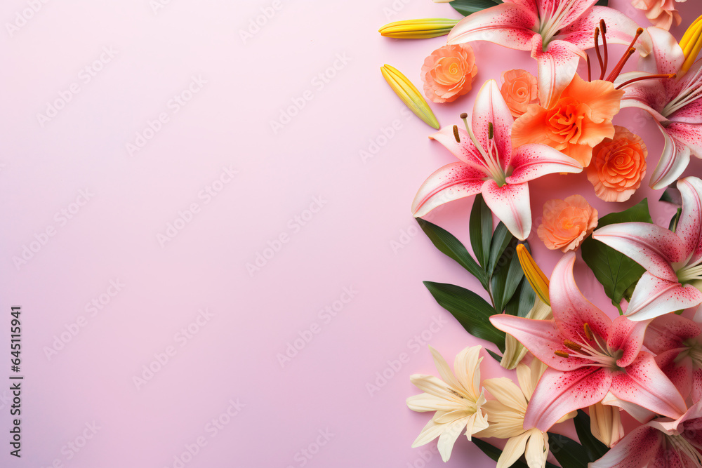 pink lilies on pink background with copy space for text