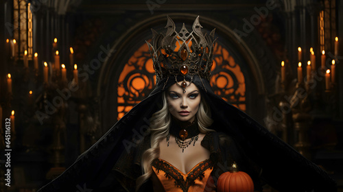 Queen of Halloween. Halloween witch. Beautiful young woman in black lingerie and witch hat at Halloween party. 