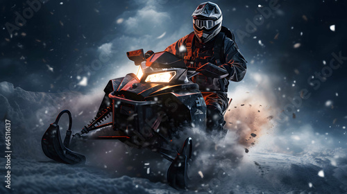 Young man riding a snowmobile in the winter forest. Extreme Snowmobile rider in action at high speed in the snowy mountains. Outdoor winter recreational lifestyle adventure sport activity.