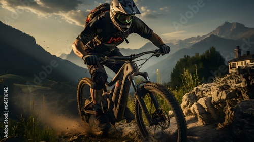 Mountain biker riding on a dirt track in the forest. Outdoor recreational lifestyle adventure sport activity in nature.
