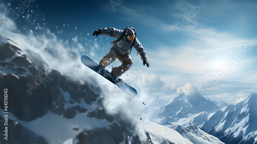 Flying snowboarder on mountains. Extreme winter sport. 