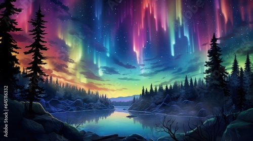 Tranquil meadow illuminated by the dancing colors of the Northern Lights  with wildflowers and celestial wonder Game Art