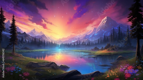 Tranquil meadow illuminated by the dancing colors of the Northern Lights, with wildflowers and celestial wonder Game Art