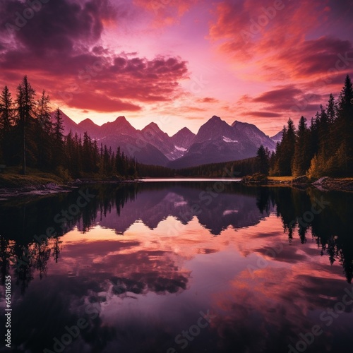 a serene alpenglow sunset over a serene alpine lake, with the surrounding peaks painted in shades of pink and gold in the soft, diffused light