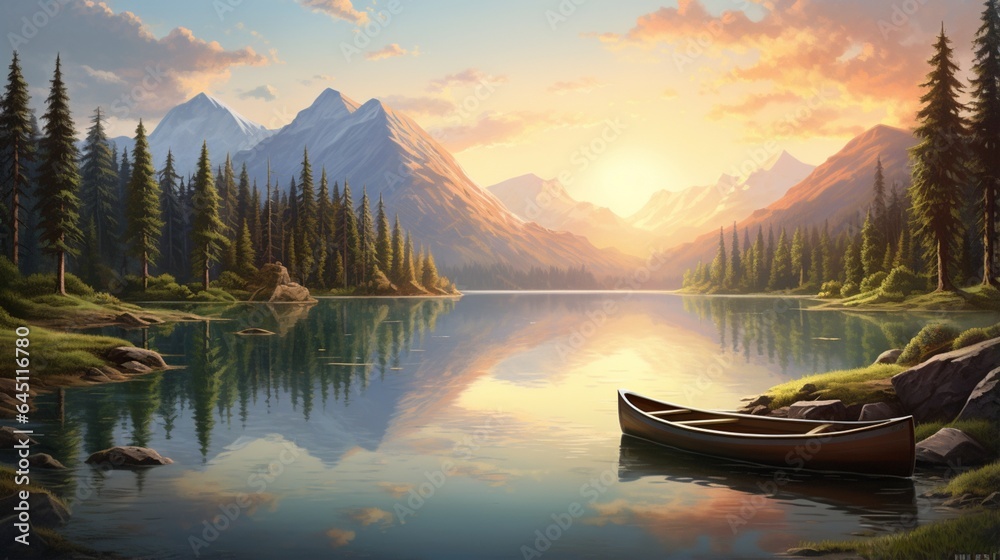 a serene mountain lake, nestled among pine-covered hills, with a rowboat gently gliding on the glassy water and the sun reflecting off the surface
