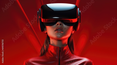 A beautiful young girl plays games with virtual reality glasses. On isolated background with copy space in cyberpunk style © Gizmo