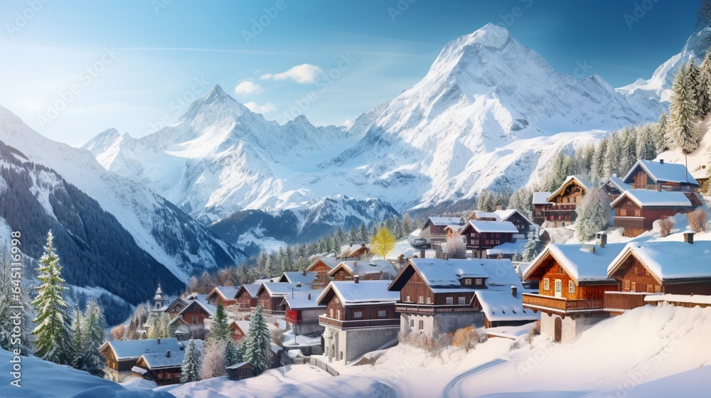 a snow-covered alpine village, nestled in the mountains, with charming chalets and a backdrop of rugged peaks dusted in snow