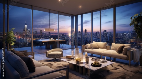 a sleek, high-rise apartment with a panoramic view of a vibrant city skyline, capturing the excitement and energy of urban living