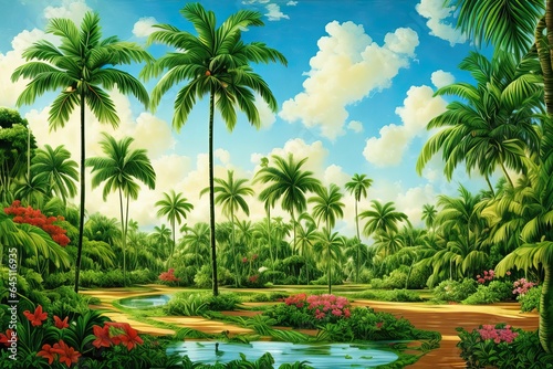 Cuban landscape of green plants  flowers and palms