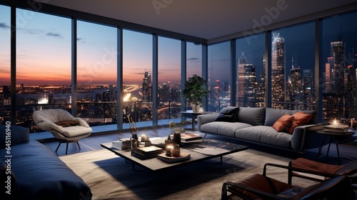 a sleek  high-rise apartment with a panoramic view of a vibrant city skyline  capturing the excitement and energy of urban living