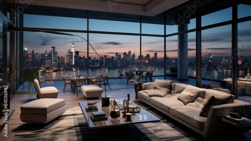 a sleek, urban penthouse apartment, with floor-to-ceiling windows, a rooftop terrace, and a breathtaking cityscape at night