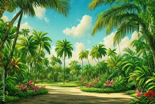 Cuban landscape of green plants, flowers and palms