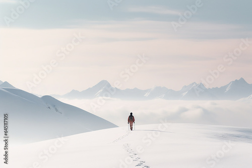 Person in the snow high up in the scenic mountains 