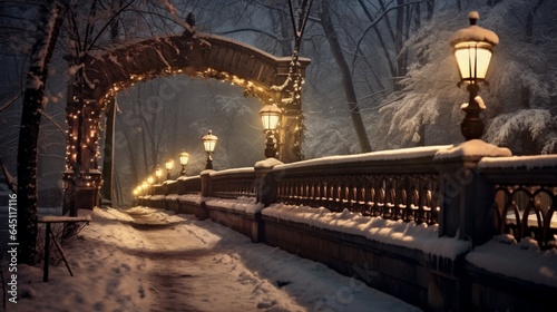 a snow-covered bridge in a historic city, with intricate wrought iron railings and street lamps illuminating the path