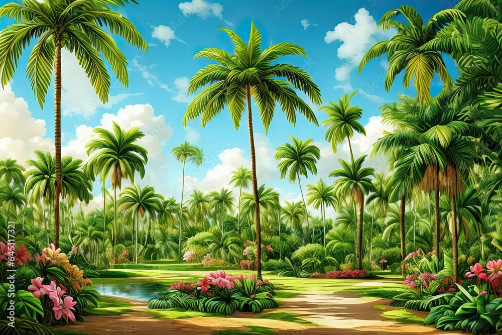 Cuban landscape of green plants, flowers and palms