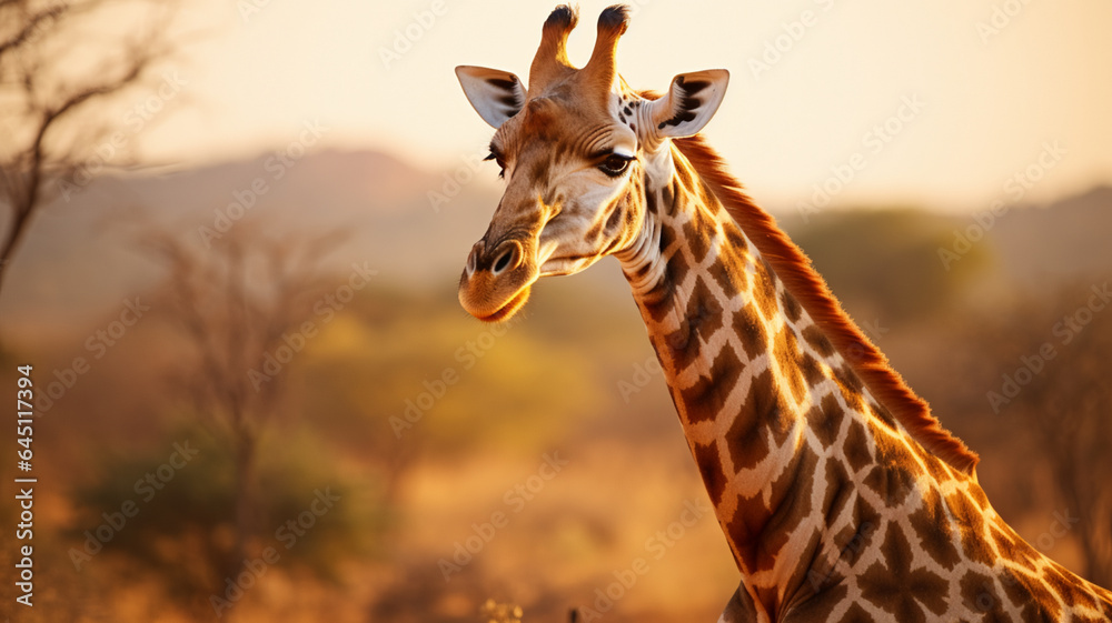 A majestic giraffe standing tall amidst a golden savannah, AI Generative.