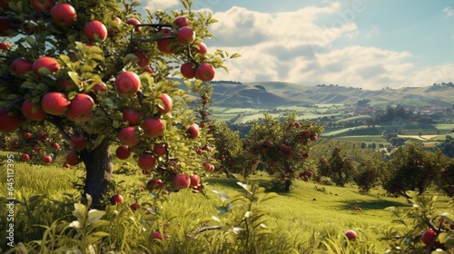 a sun-kissed orchard with rows of apple trees, their branches heavy with ripe, red apples, against a backdrop of rolling hills