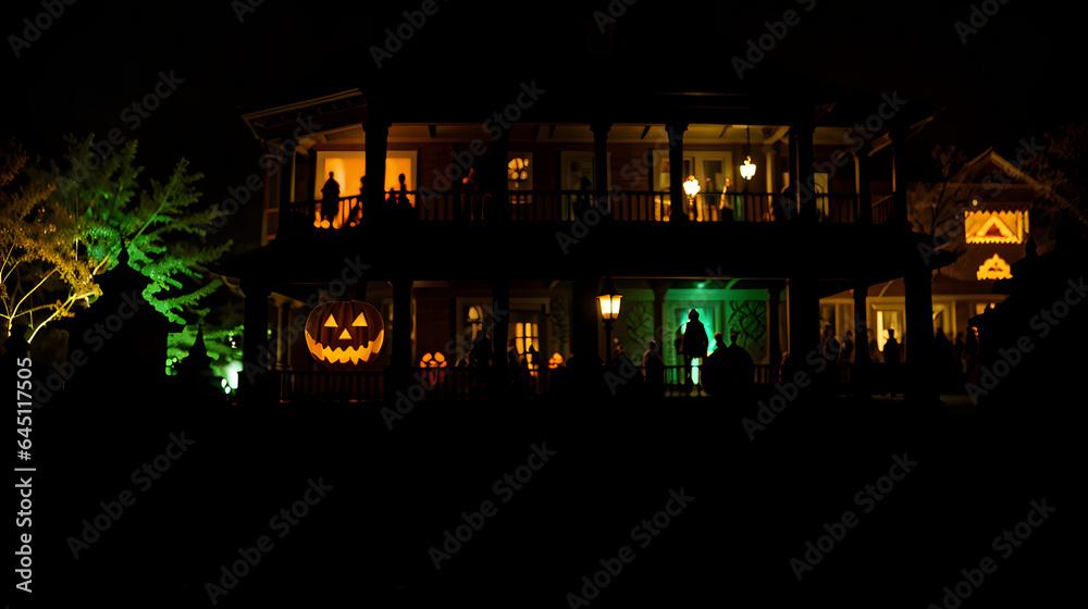 A house decorated for Halloween with pumpkins, ghosts and cobwebs