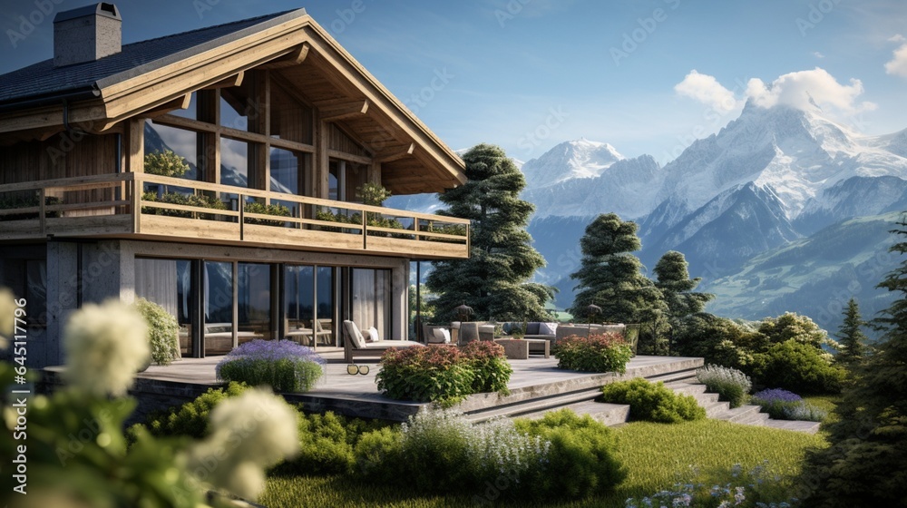 a traditional Swiss chalet, with wooden balconies, flower boxes, and the backdrop of a serene alpine meadow, evoking a sense of coziness