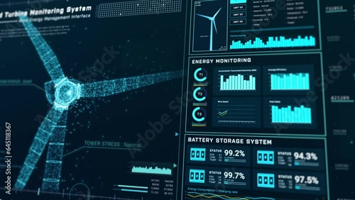 Futuristic wind turbine energy control center interface design, digital data network battery management system, green renewable power technology software, engineering iot HUD information 3d rendering