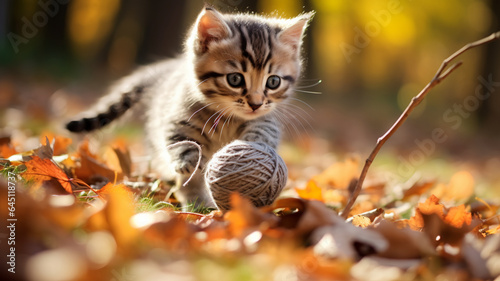 A playful kitten chasing a ball of yarn. AI Generative.