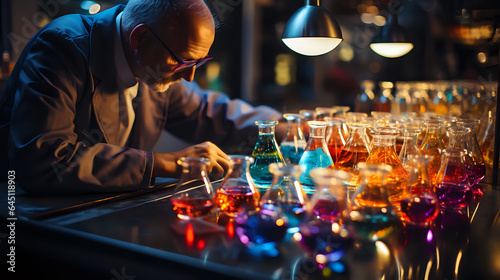 Male chemist over colorful flasks with substances, production of medicines, dyes, cosmetics or other chemistry