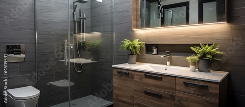 Stylish bathroom with glass shower cabin, toilet, and wooden cabinet with sink on wall.