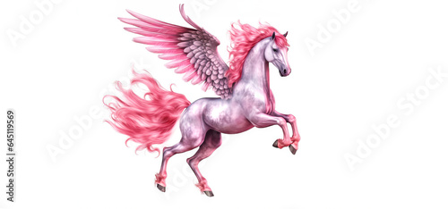 Enchanted Pink Pegasus Horse   Whimsical Fantasy Illustration on White Background for Art  Posters and Print. 