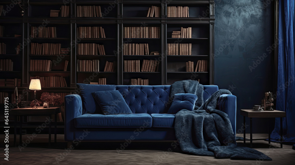 Sala de estar oscura y elegante con sofa de color azul con cojines azules junto a mesas de madera y lampara encendida de color negro en salón sobre fondo de librería de madera con libros Sala de estar oscura y elegante con sofa de color azul con cojines azules junto a mesas de madera y lampara encendida de color negro en salón sobre fondo de librería de madera con libros