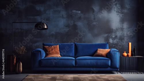 sofa de color azul con cojines marrones junto a mesa y lampara metálicas de color negro en salón sobre fondo de pared abstracto en color gris