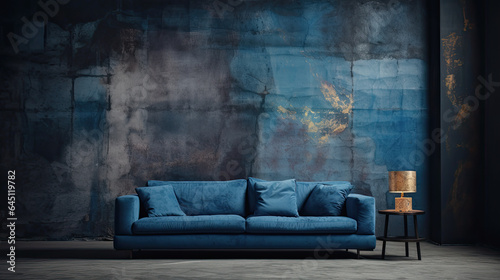 sofa de color azul oscuro elegante  junto a mesa y lampara metálicas doradas  en salón sobre fondo de pared en color gris oscuro y azul