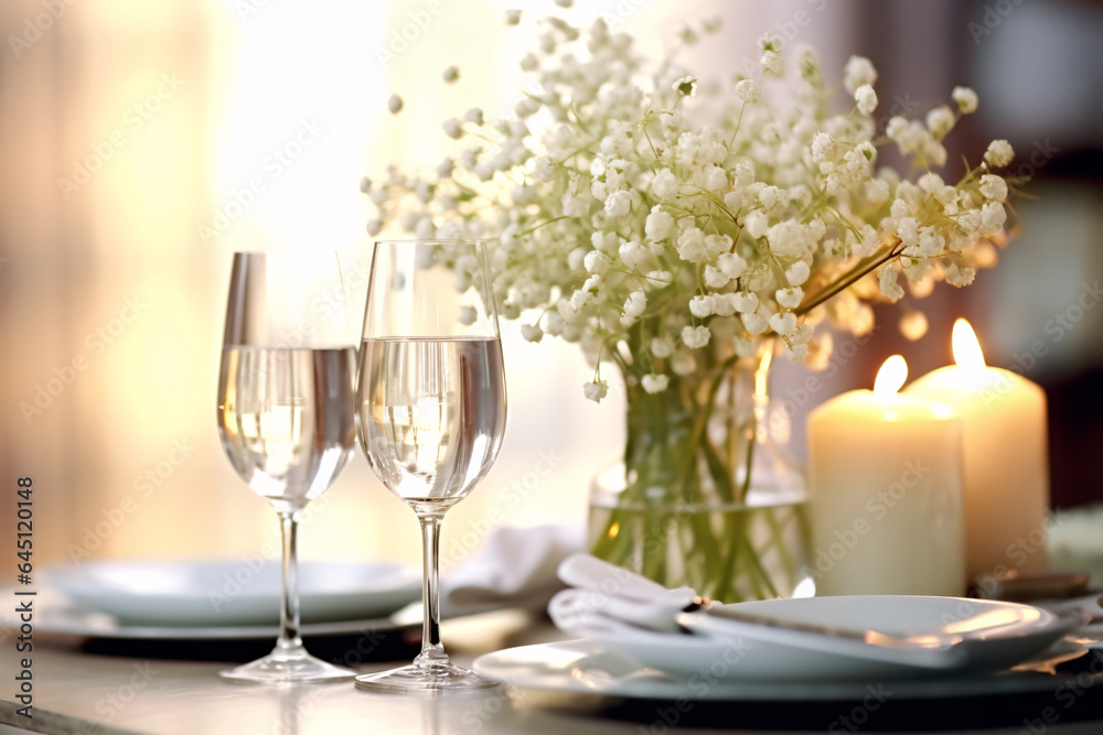 Beautiful table setting with lily-of-the-valley flowers Beautiful table setting with lily-of-the-valley flowers